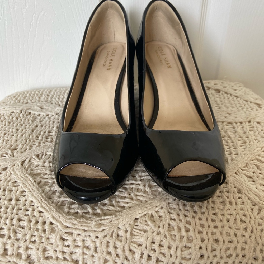 Cole Haan Glossy Black Peep Toe Heels - Picture 4 of 7